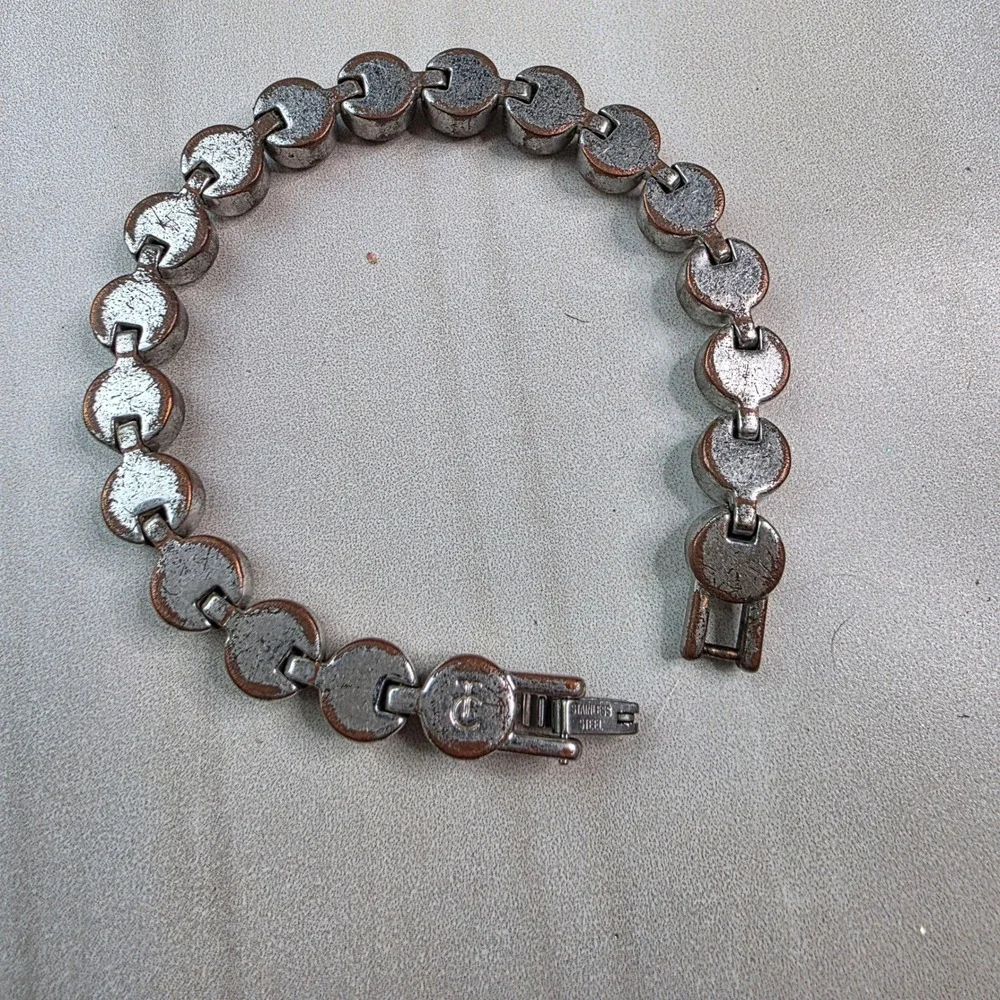 Vintage TC Stainless‎ Steel Bezel Set Clear Crystal Tennis Bracelet Silver Tone